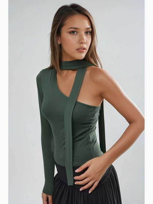 Maglietta asimmetrica monospalla dettaglio foulard busem - Kiabi Maglietta asimmetrica monospalla dettaglio foulard busem - Kiabi