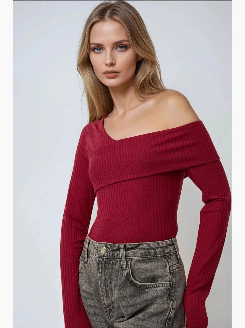 Maglietta collo asimmetrico maglia testurizzata manica lunga hiccup Rosso bordeaux - Kiabi