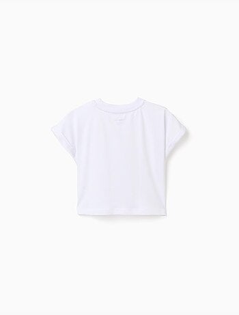 Maglietta corta in cotone con fiori con paillettes