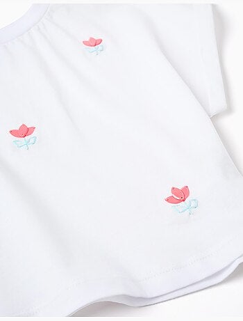 Maglietta corta in cotone con fiori con paillettes