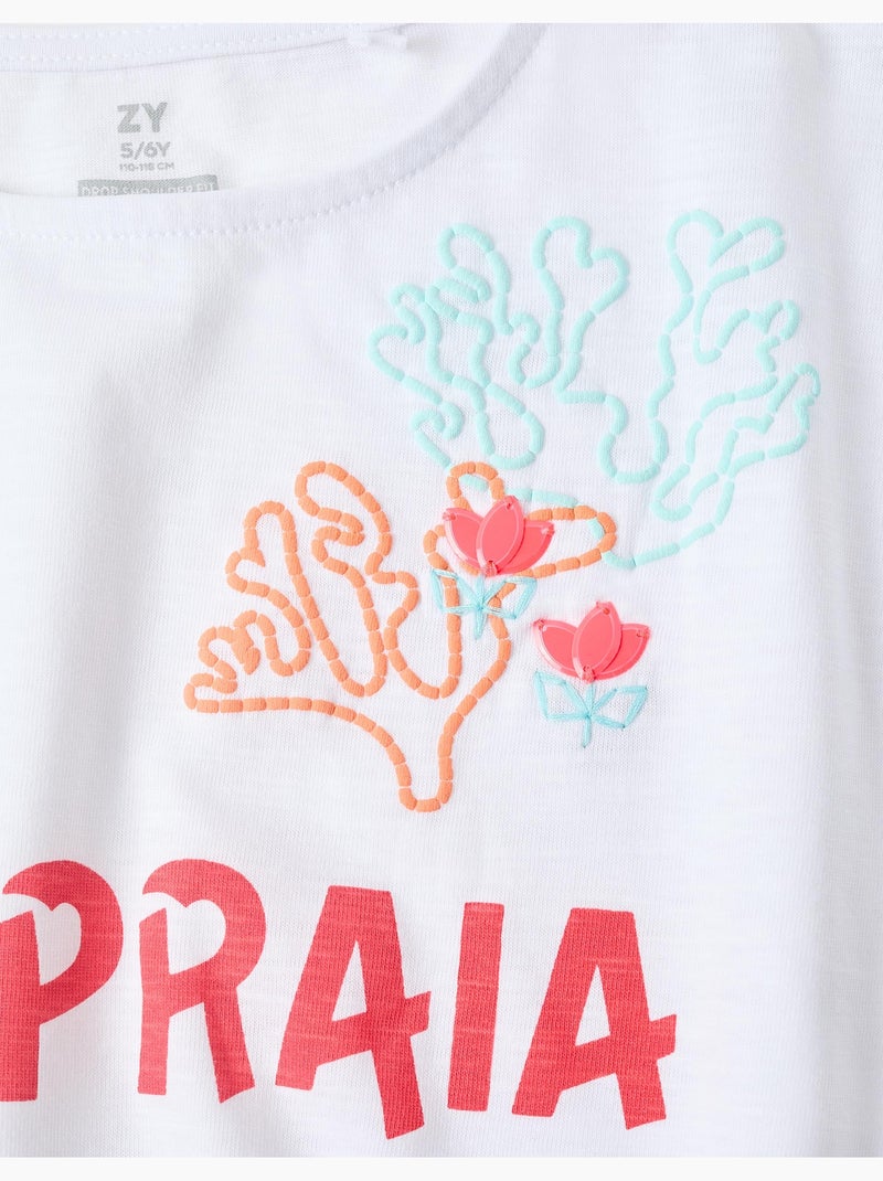 Maglietta corta in cotone con stampa frontale a tema spiaggia Bianco - Kiabi