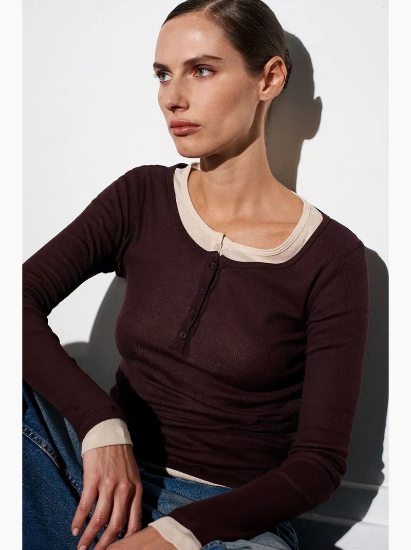 Maglietta cotone bottoni davanti maniche lunghe aderente dilvin Marrone cioccolato - Kiabi