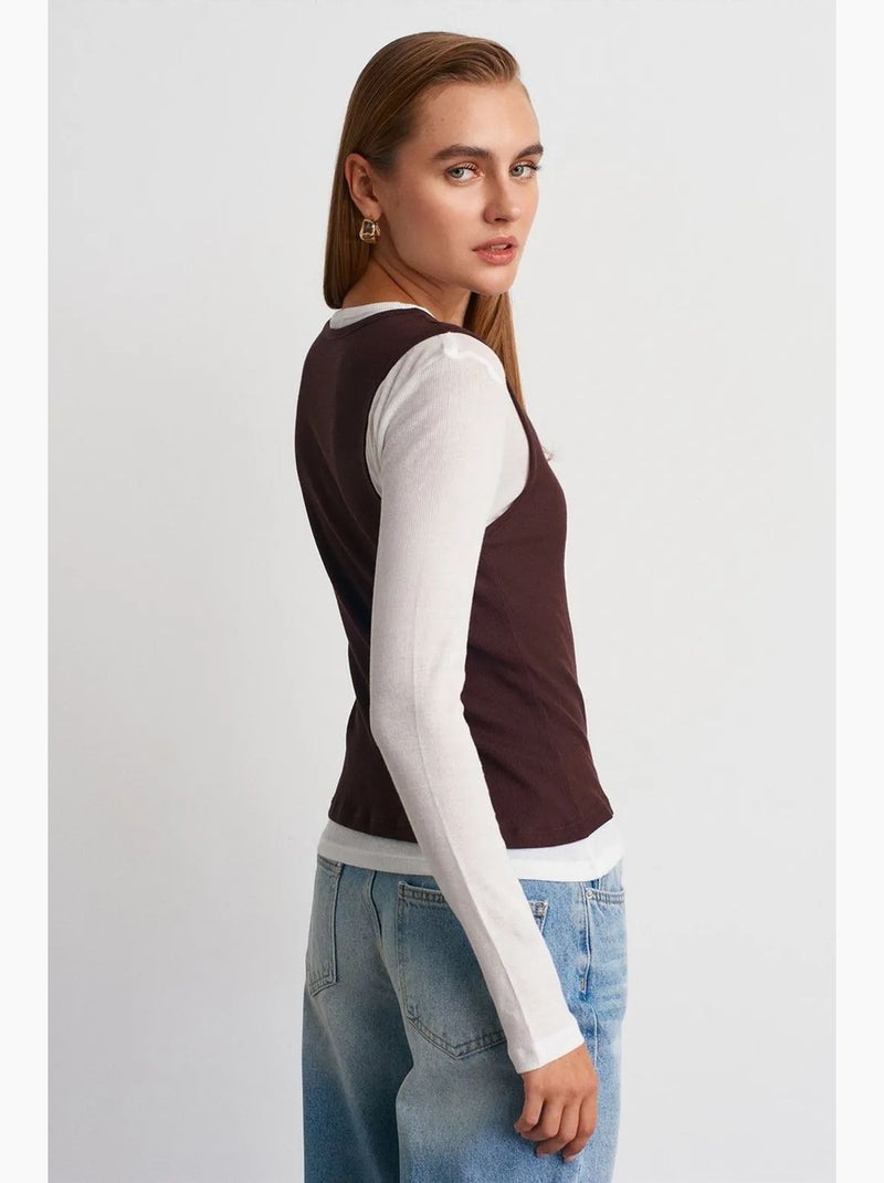 Maglietta cotone girocollo maniche lunghe aderente dilvin Marrone cioccolato - Kiabi