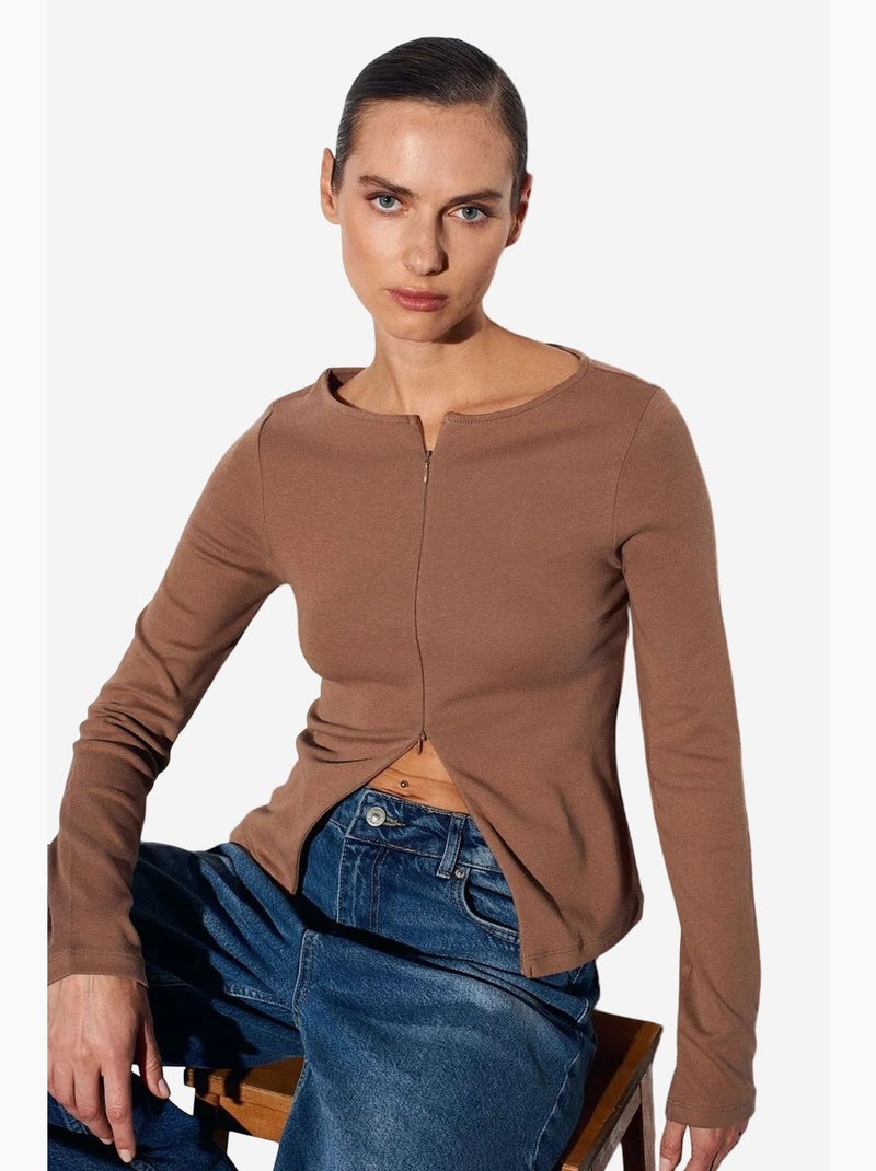 Maglietta cotone misto zip maniche lunghe aderente dilvin Cammello - Kiabi