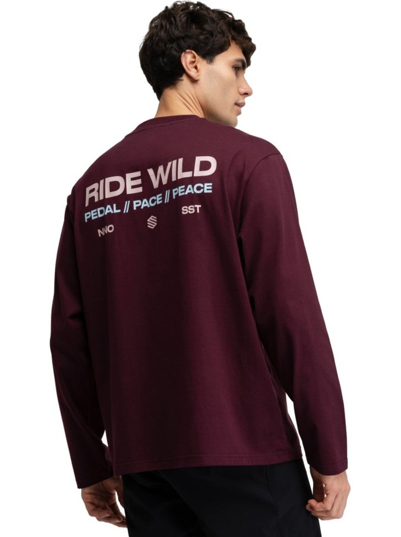 Maglietta gravel in cotone a maniche lunghe uomo ciclismo uomo rutted burgundy Rosso - Kiabi