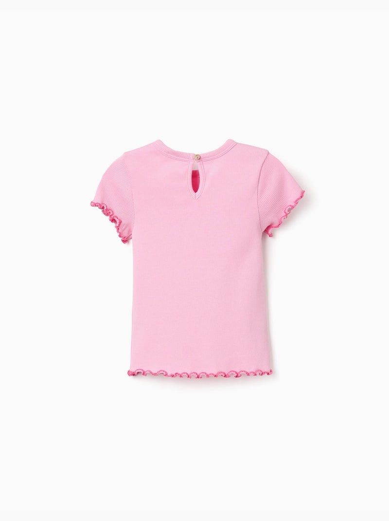 Maglietta in cotone a costine con bordi ondulati Rosa - Kiabi