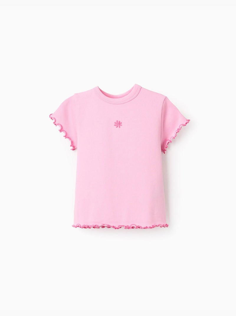 Maglietta in cotone a costine con estremità ondulate Rosa - Kiabi