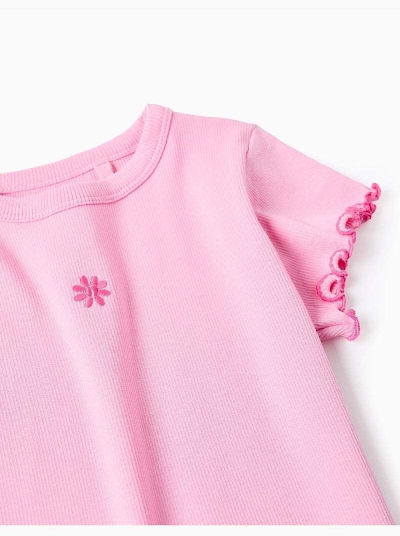 Maglietta in cotone a costine con estremità ondulate Rosa - Kiabi
