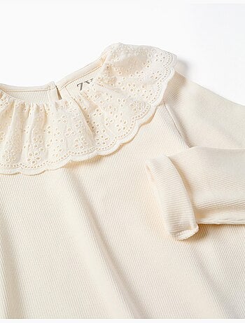 Maglietta in cotone a manica lunga a costine con ricamo inglese