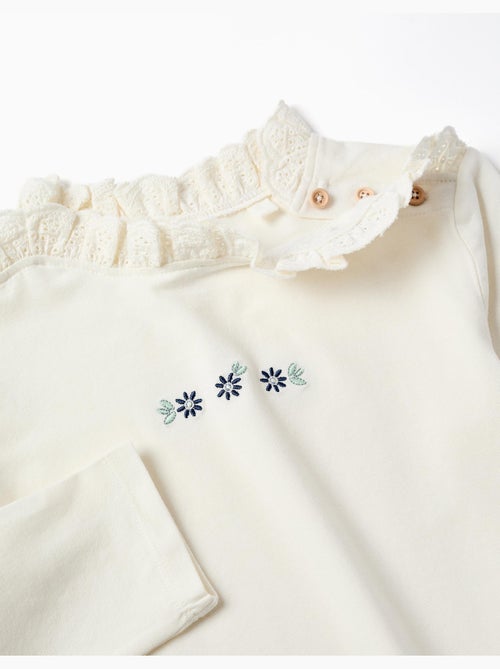 Maglietta in cotone a manica lunga con fiori ricamati - Kiabi