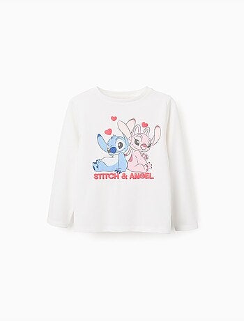 Maglietta in cotone a manica lunga con stampa di stitch e angel