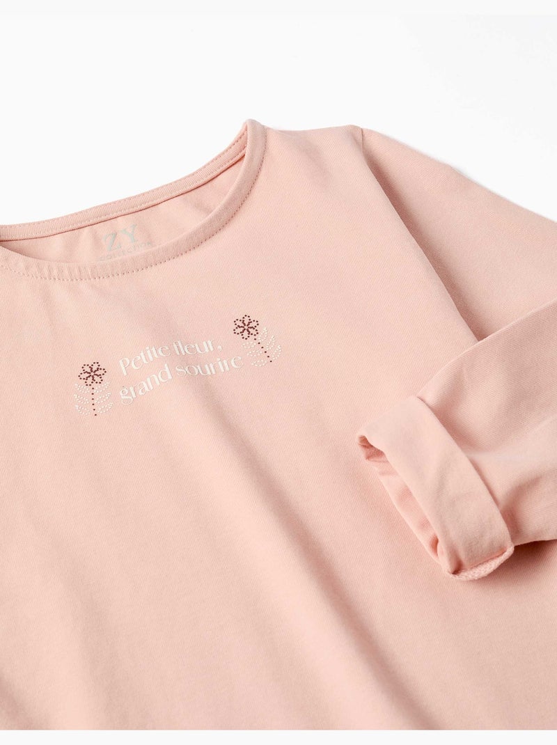 Maglietta in cotone a manica lunga con stampa e orlo arricciato Rosa chiaro - Kiabi