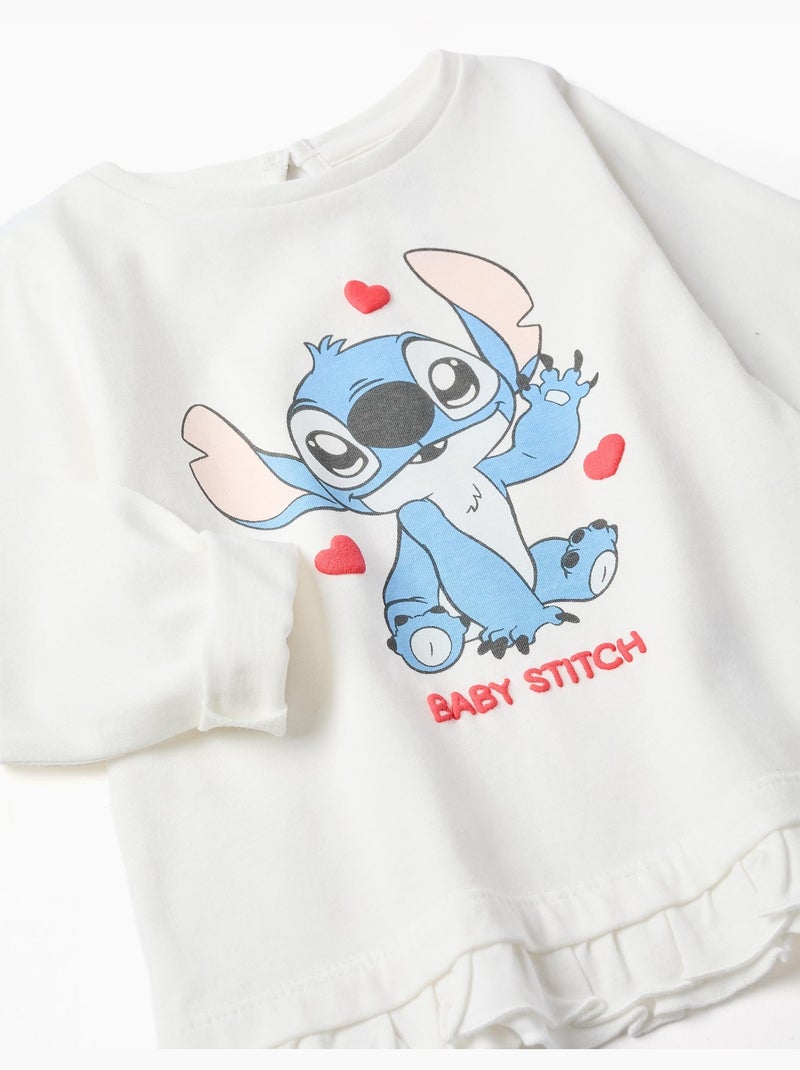 Maglietta in cotone a manica lunga con stitch e volant Bianco - Kiabi