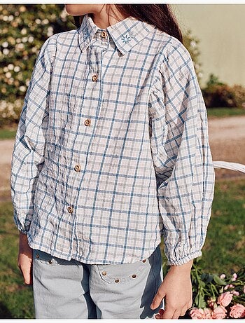 Maglietta in cotone a quadri con maniche puffy