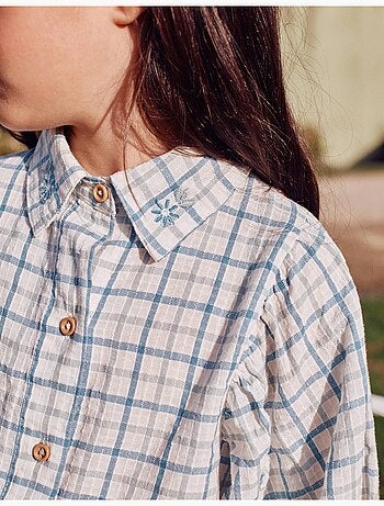 Maglietta in cotone a quadri con maniche puffy