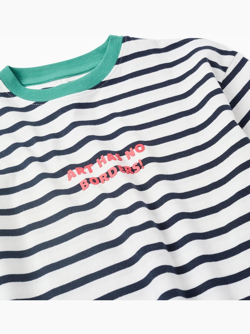 Maglietta in cotone a righe con stampa Bianco - Kiabi