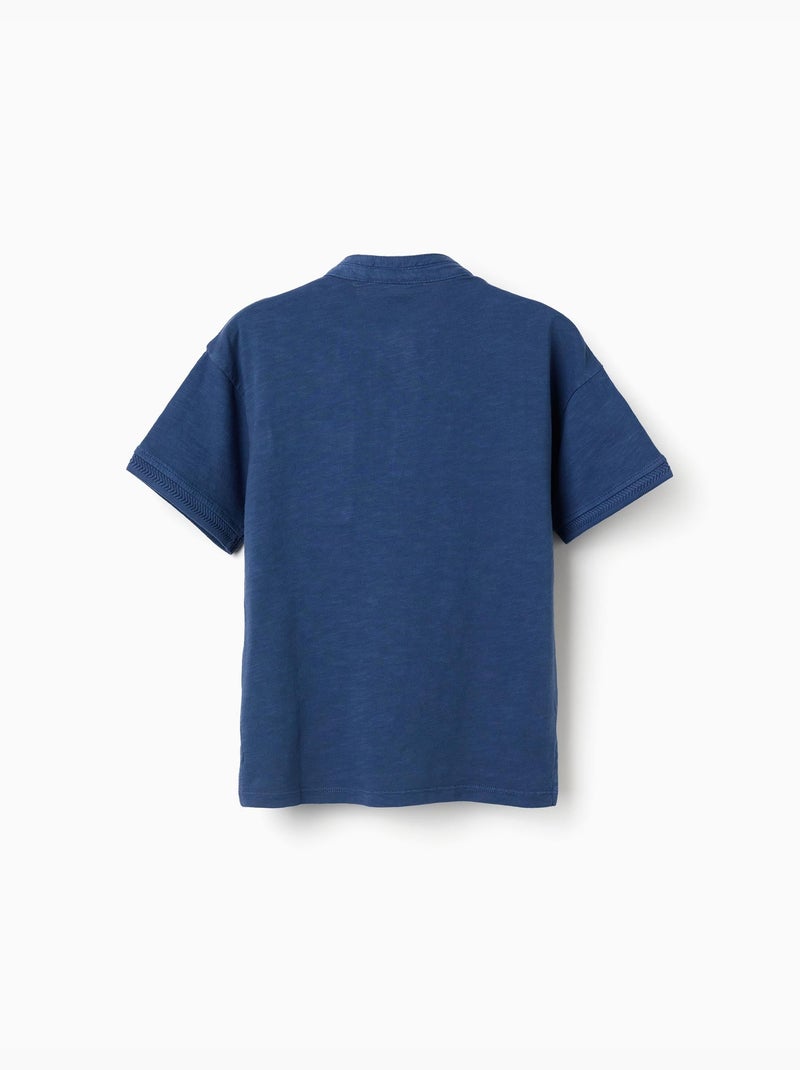 Maglietta in cotone con colletto mao e tasca Blu scuro - Kiabi