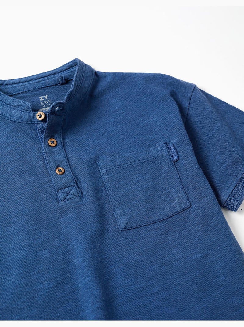 Maglietta in cotone con colletto mao e tasca Blu scuro - Kiabi