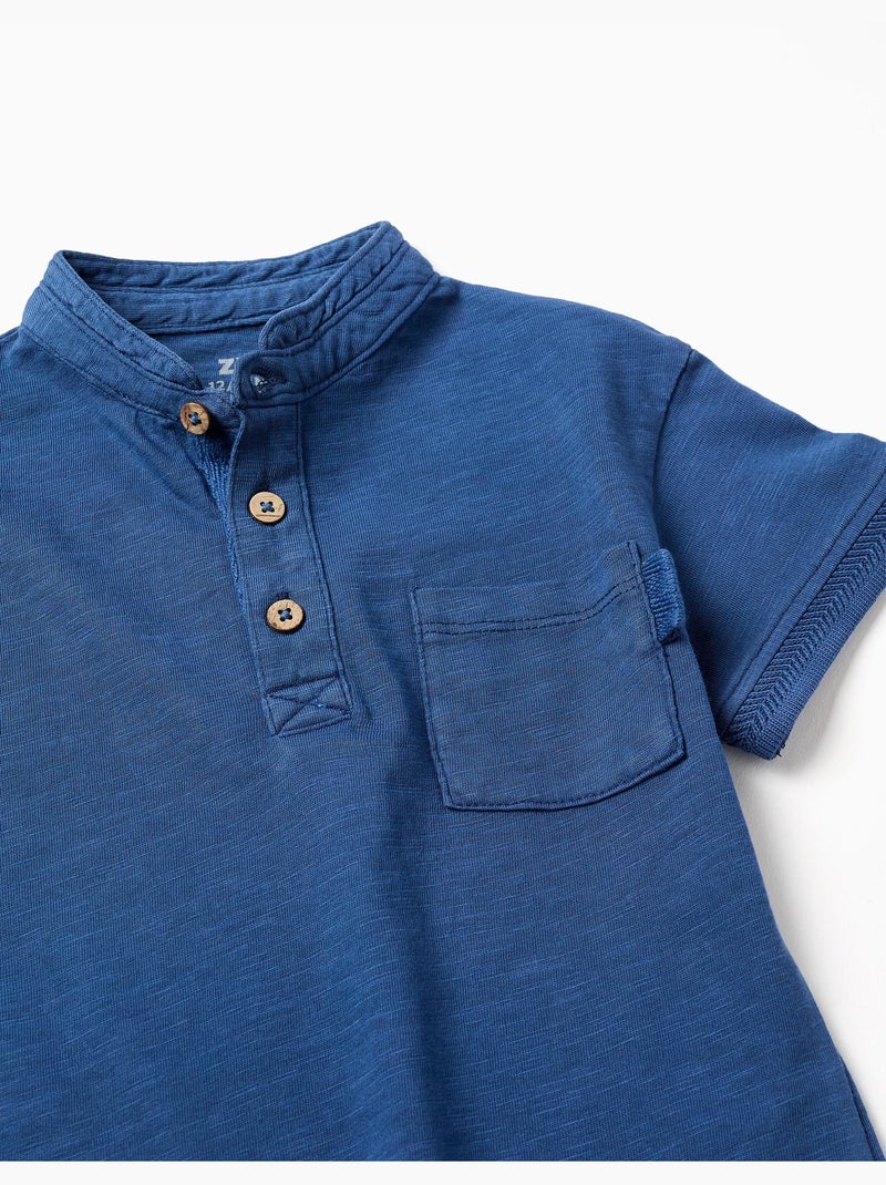 Maglietta in cotone con colletto mao e tasca Blu scuro - Kiabi