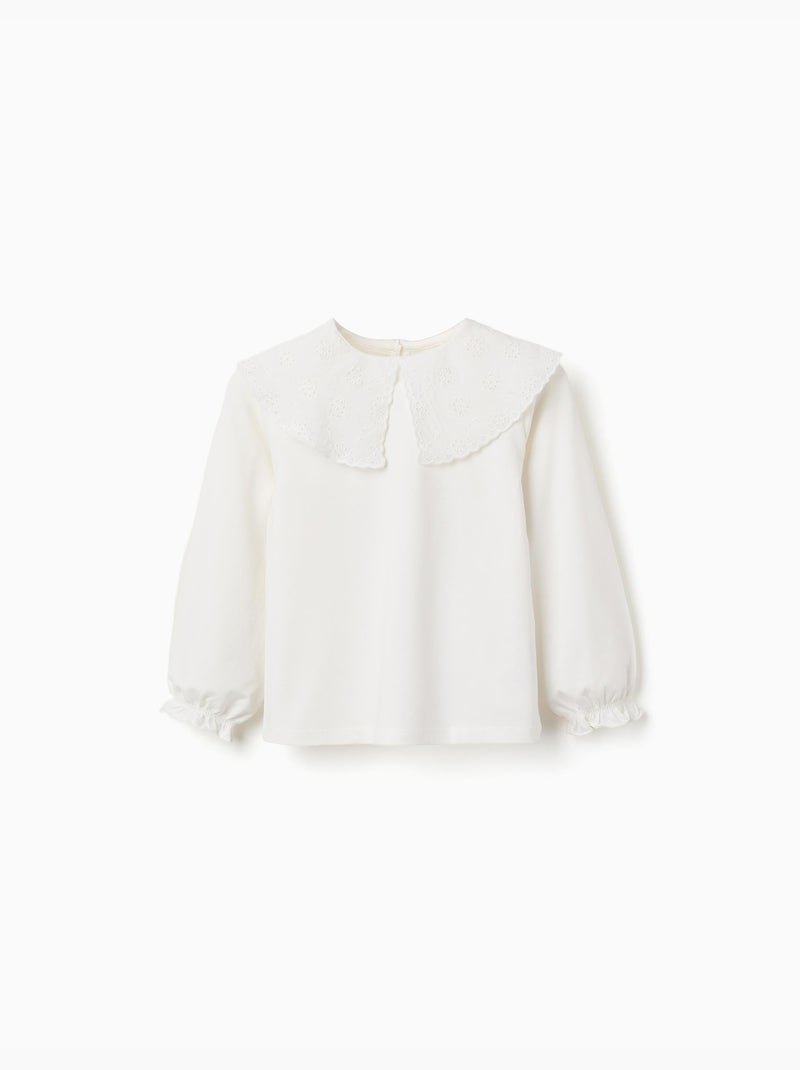 Maglietta in cotone con colletto maxi con ricamo inglese Bianco - Kiabi