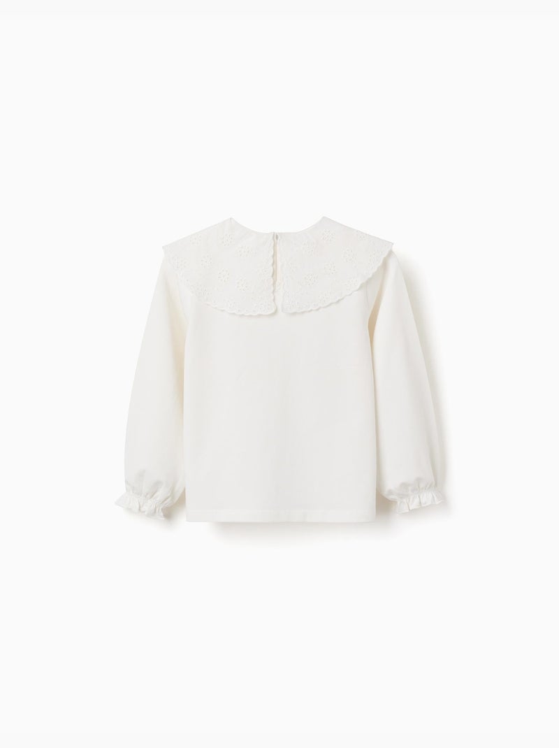 Maglietta in cotone con colletto maxi con ricamo inglese Bianco - Kiabi