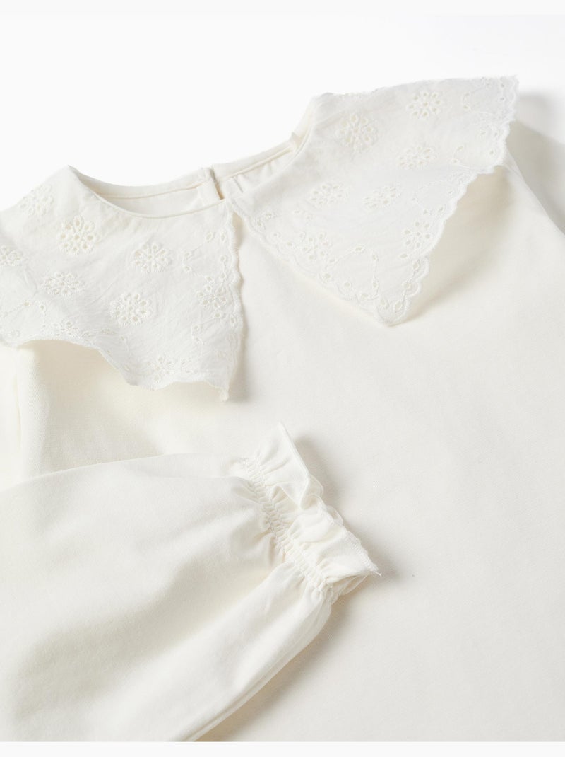 Maglietta in cotone con colletto maxi con ricamo inglese Bianco - Kiabi