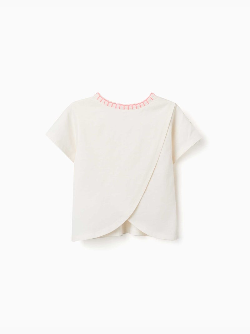 Maglietta in cotone con colletto ricamato Beige chiaro - Kiabi
