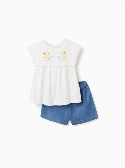 Maglietta in cotone con fiori + pantaloncini in denim - Kiabi