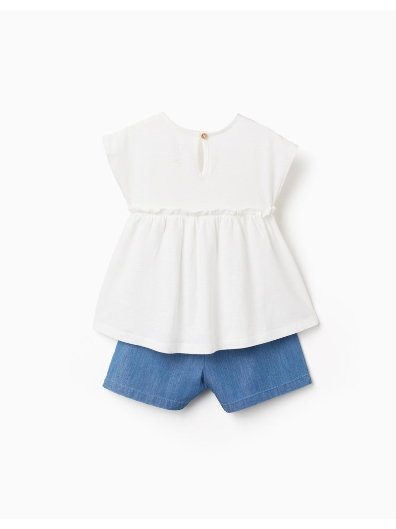 Maglietta in cotone con fiori + pantaloncini in denim Beige chiaro - Kiabi