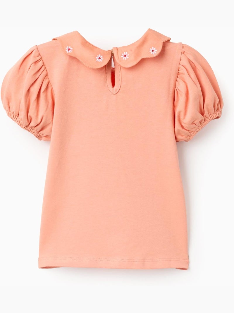 Maglietta in cotone con fiori ricamati Arancione chiaro - Kiabi