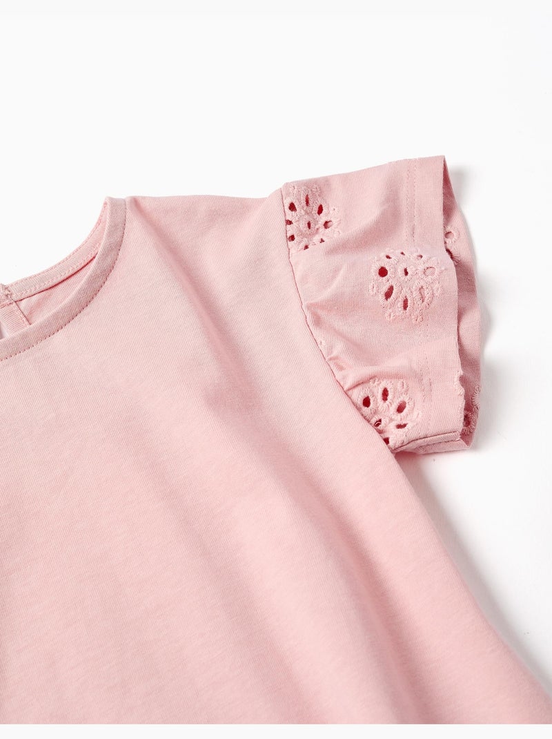 Maglietta in cotone con maniche in ricamo inglese Rosa chiaro - Kiabi