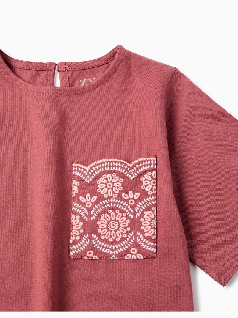 Maglietta in cotone con pocket ricamata Marrone - Kiabi