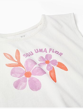 Maglietta in cotone con stampa di fiori e frange