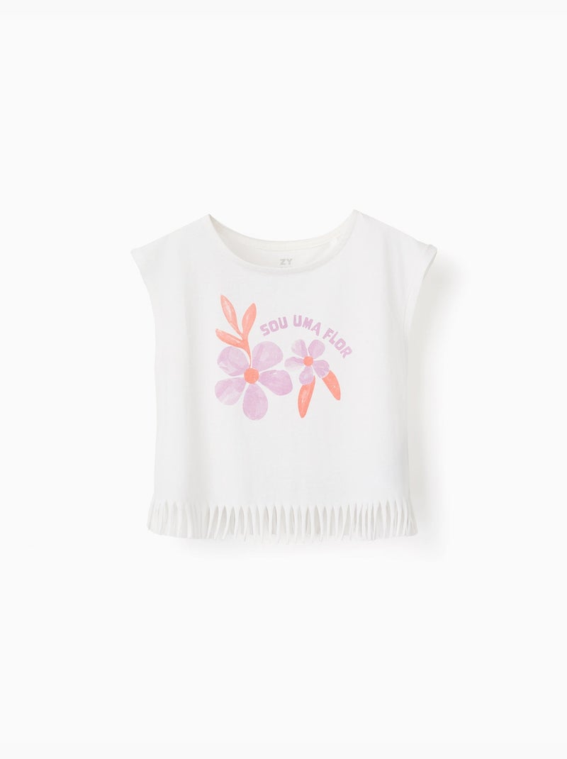 Maglietta in cotone con stampa di fiori e frange Bianco - Kiabi