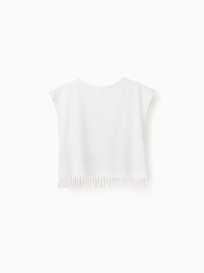 Maglietta in cotone con stampa di fiori e frange Bianco - Kiabi