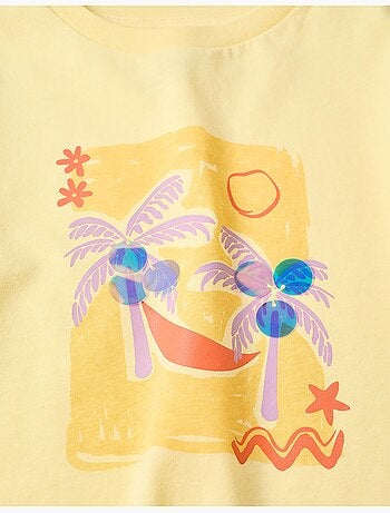 Maglietta in cotone con stampa di palme e paillettes