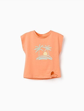 Maglietta in cotone con stampa sole e palme