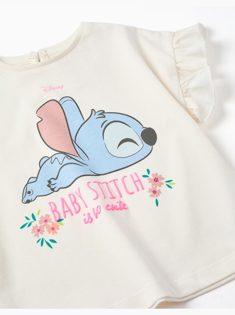Maglietta in cotone con stampa Stitch e volant Beige chiaro - Kiabi