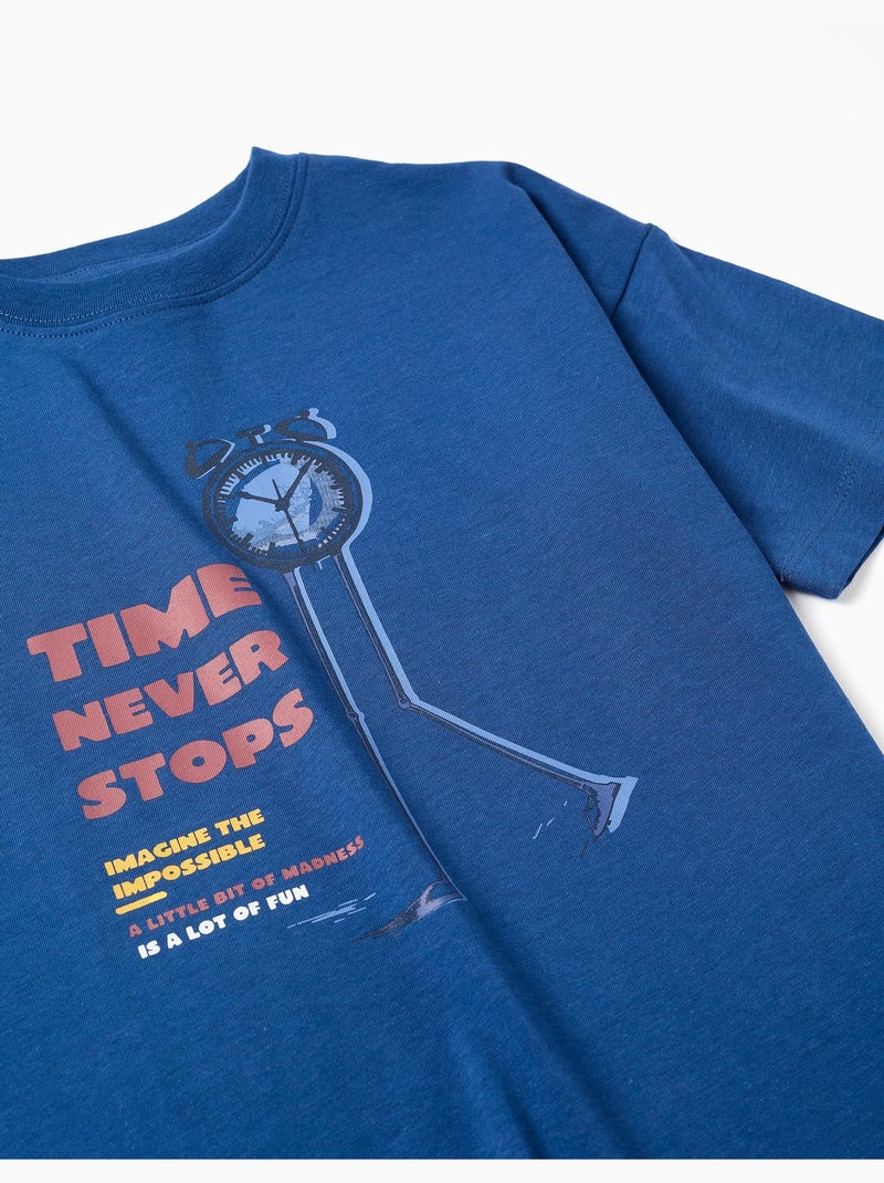 Maglietta in cotone con stampa Time Never Stops Blu scuro - Kiabi