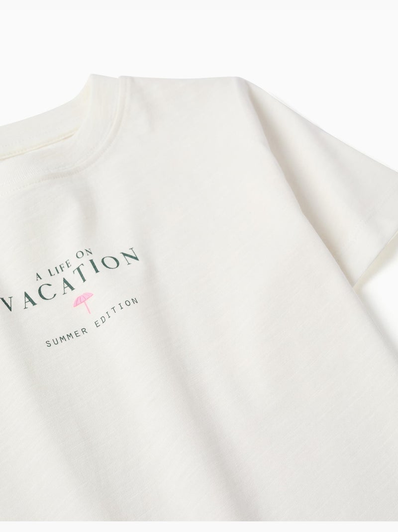Maglietta in cotone con stampa Vacation Beige chiaro - Kiabi