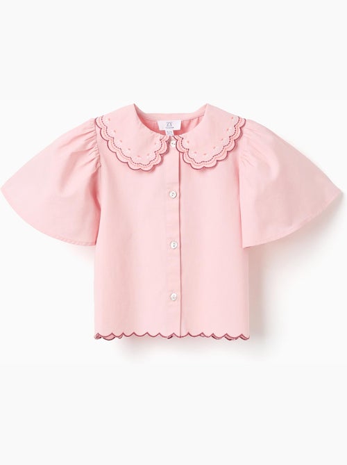 Maglietta in popeline con collo scalloped e ricamato - Kiabi