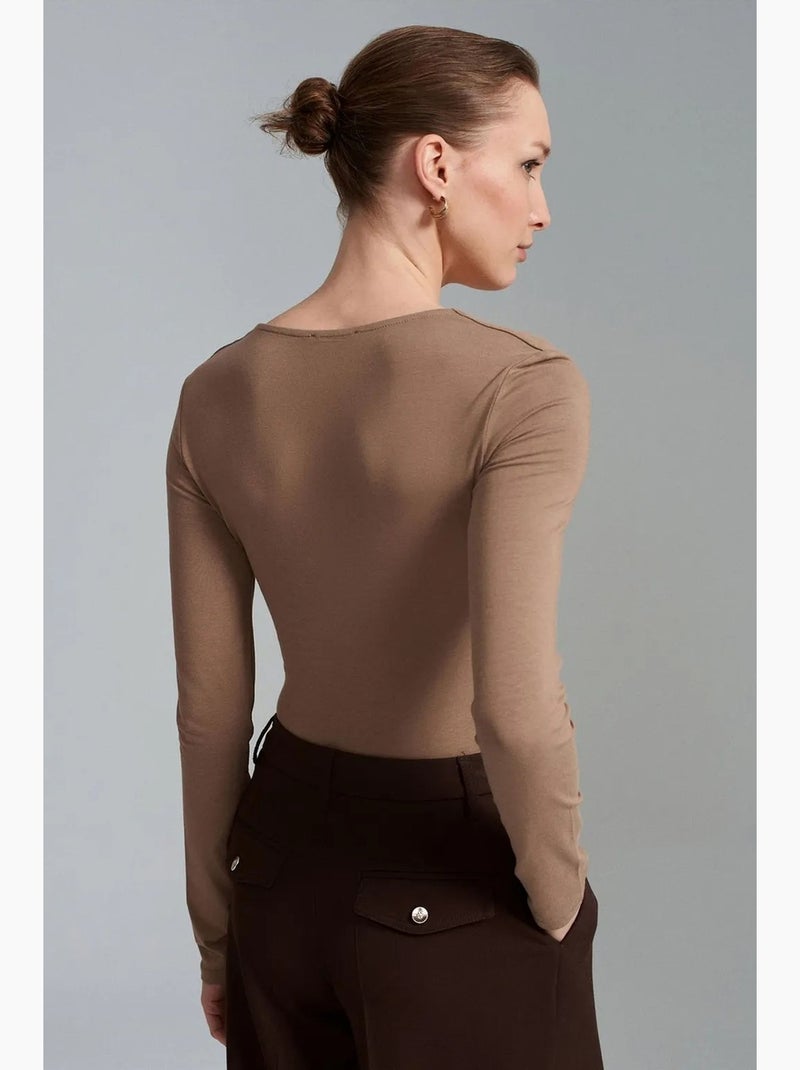 Maglietta jersey scollo v manica lunga dilvin Cammello - Kiabi