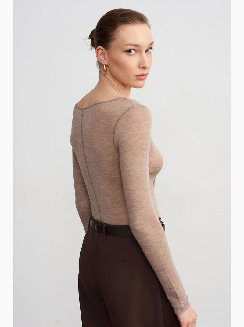 Maglietta maglia lana con bottoni manica lunga dilvin Beige argilla - Kiabi