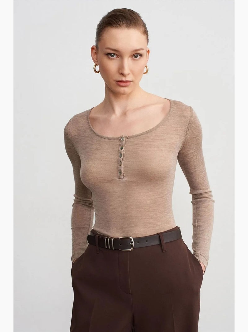 Maglietta maglia lana con bottoni manica lunga dilvin Beige argilla - Kiabi