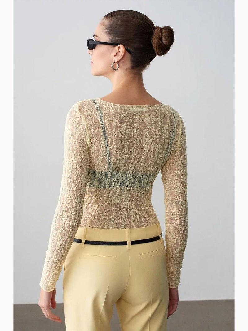 Maglietta pizzo scollo barca manica lunga dilvin Beige argilla - Kiabi