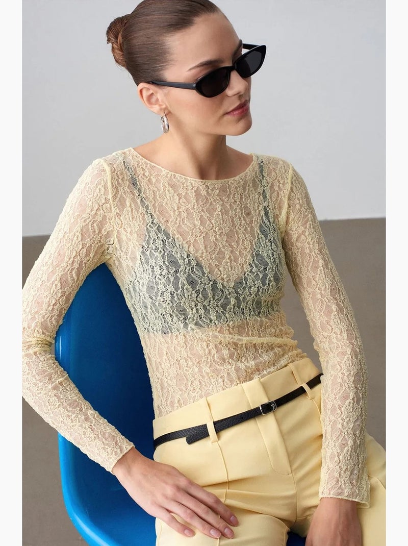 Maglietta pizzo scollo barca manica lunga dilvin Beige argilla - Kiabi