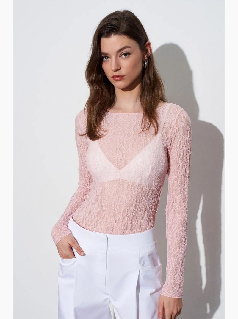 Maglietta pizzo scollo barca manica lunga dilvin Rosa chiaro - Kiabi