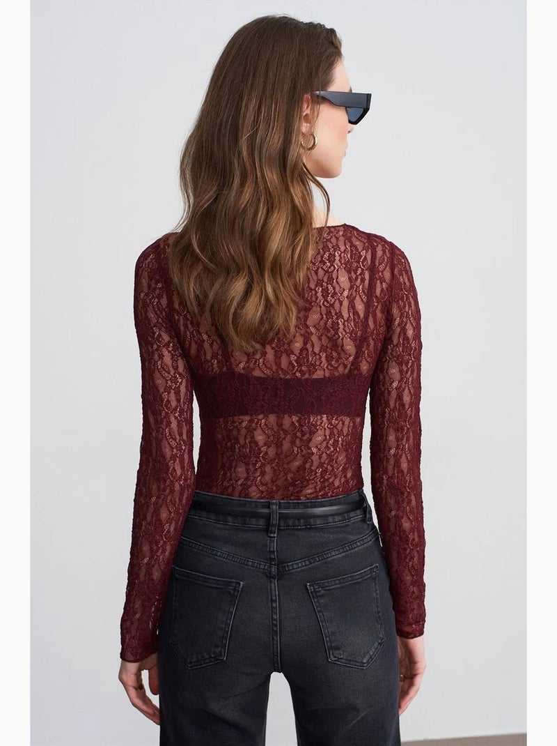Maglietta pizzo scollo barca manica lunga dilvin Rosso bordeaux - Kiabi