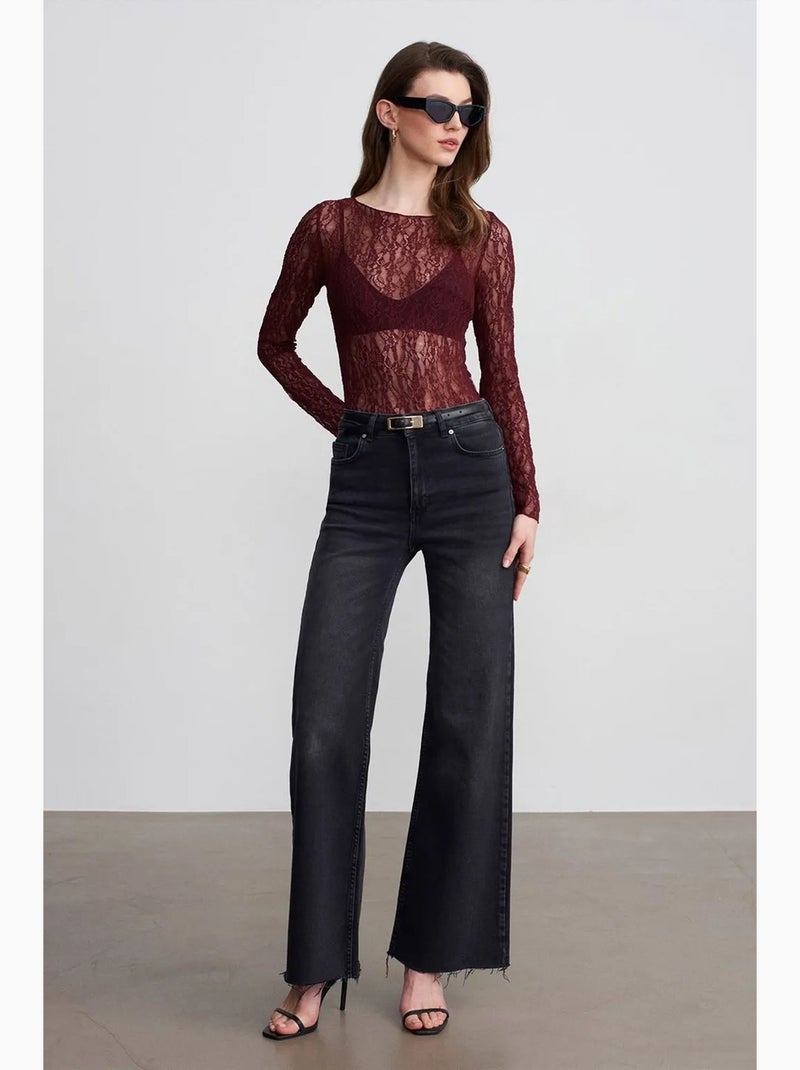 Maglietta pizzo scollo barca manica lunga dilvin Rosso bordeaux - Kiabi