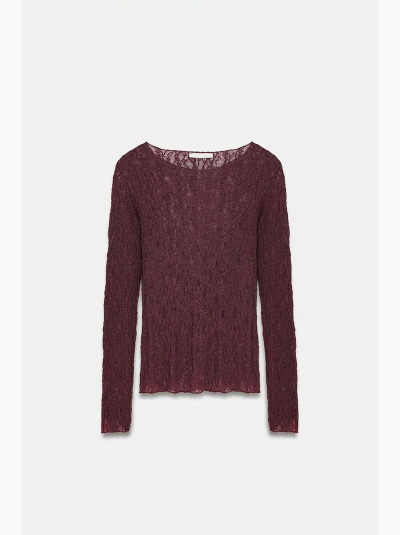Maglietta pizzo scollo barca manica lunga dilvin Rosso bordeaux - Kiabi